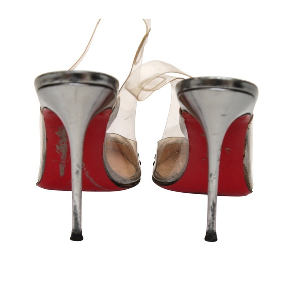 CHRISTIAN LOUBOUTIN Slingback Pumps PVC Crystals Pewter Leather Heels Cap Toe 38 - Picture 14 of 16